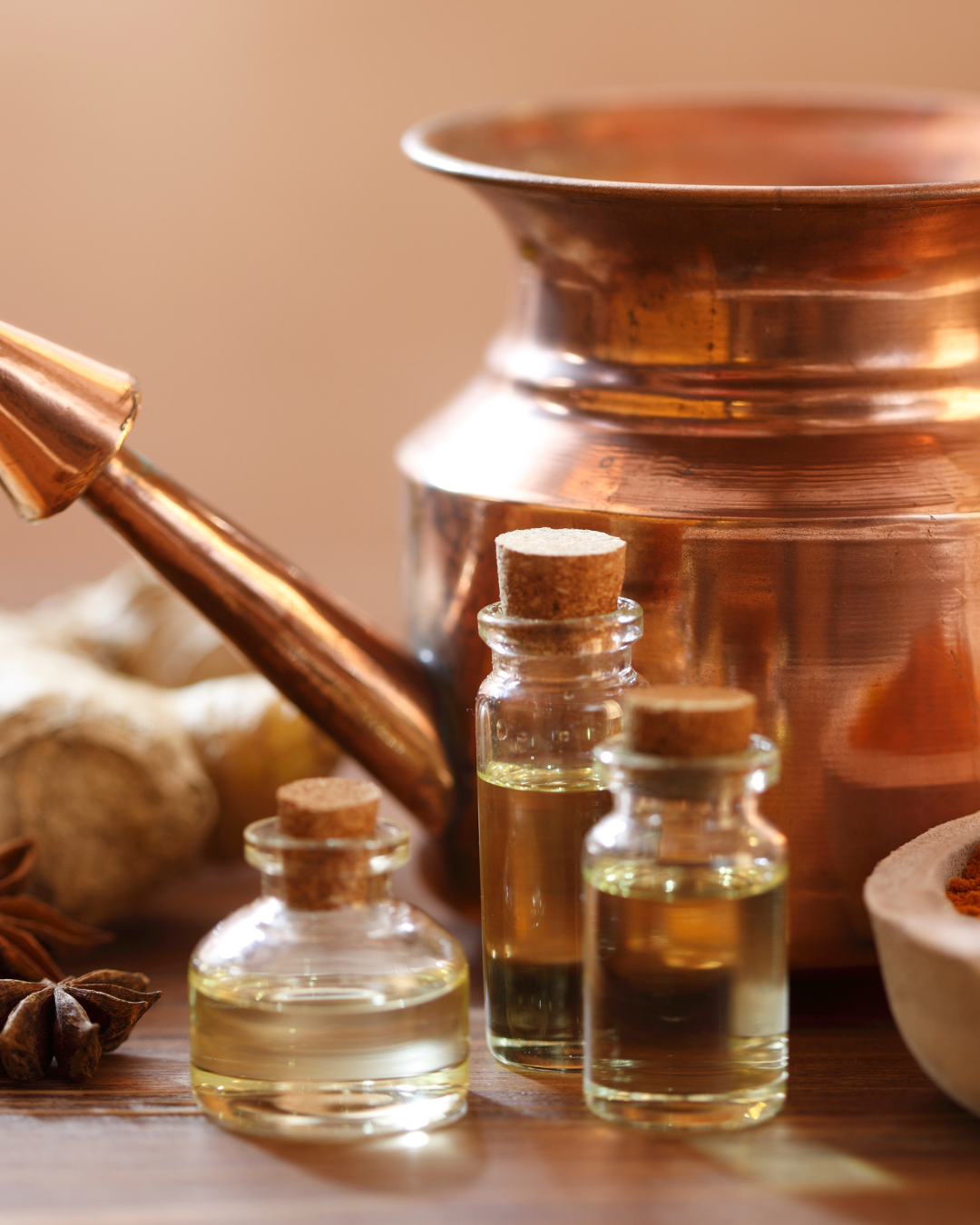 Small glass vials of golden herbal oil sit beside a copper pot and scattered Ayurvedic spices on a wooden table.